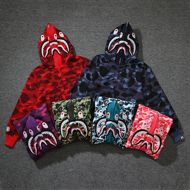 Trendy Brand Bape Shark Double-Hooded Jacket Camouflage Glow-In-The-Dark Embroidered Zip-Up Hoodie Loose Patchwork Zip-Up Sweatshirt Trendy Brand Bape Shark Double-Hooded Jacket Camouflage Glow-In-The-Dark Embroidered Zip-Up Hoodie Loose Patchwork Zip-Up Sweatshirt