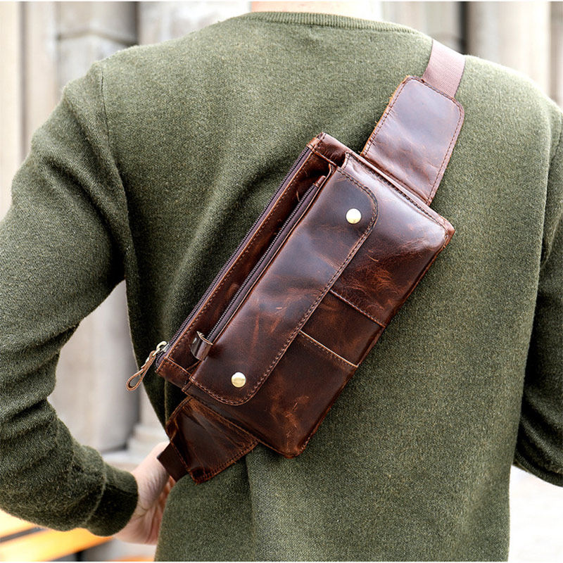 Waist bag men's leather multi-function bag small retro summer mobile phone bag cowhide chest bag men's broadband cross-body bag