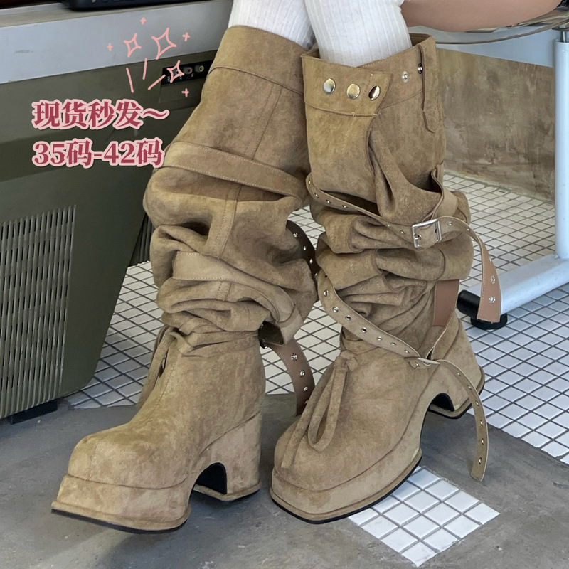 Korean Style Niche Personality High-Heeled Boots with Large Belt Buckle, Stacked Boots for Hot Girls, Height-Increasing and Slimming Long Over-The-Knee Boots for Women Korean Style Niche Personality High-Heeled Boots with Large Belt Buckle, Stacked Boots for Hot Girls, Height-Increasing and Slimming Long Over-The-Knee Boots for Women
