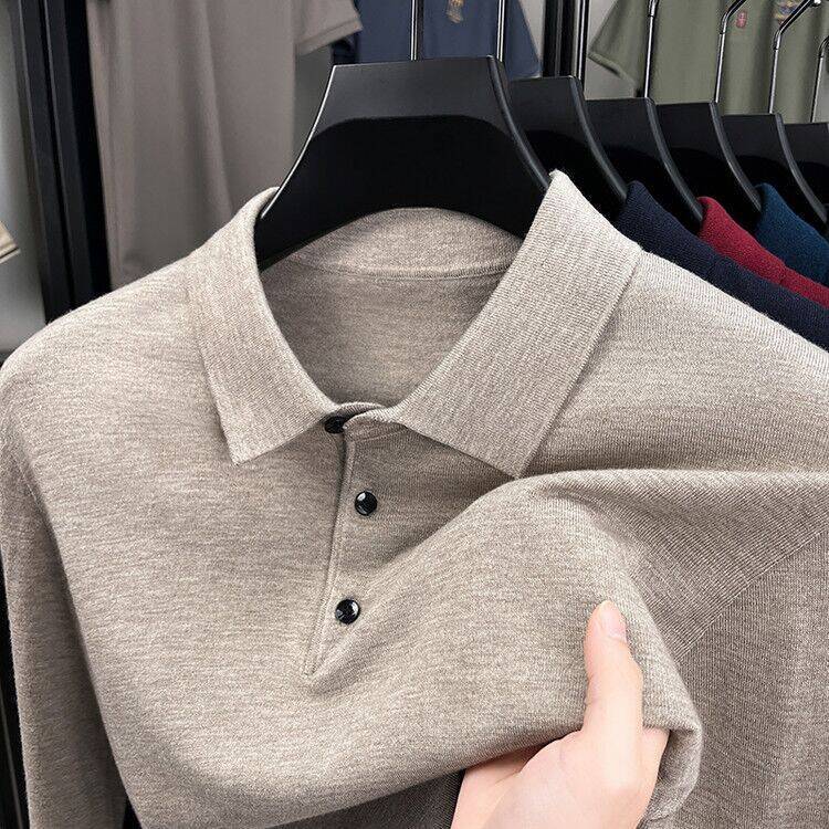 Men's High-End Merino Wool Knitwear T-Shirt Business Polo Knit Sweater with Collar, Men's Solid Color Versatile Sweater