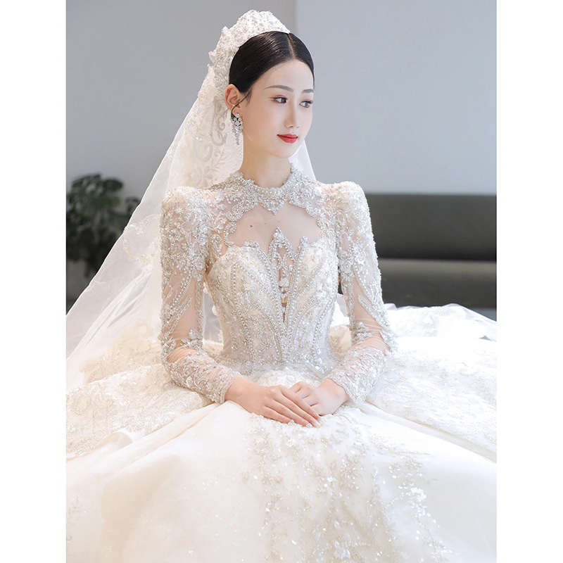 Wedding bride 2023 new main yarn court court French retro out to welcome gauze long -sleeved long -sleeved long -sleeved long -tail autumn and winter Wedding bride 2023 new main yarn court court French retro out to welcome gauze long -sleeved long -sleeved long -sleeved long -tail autumn and winter