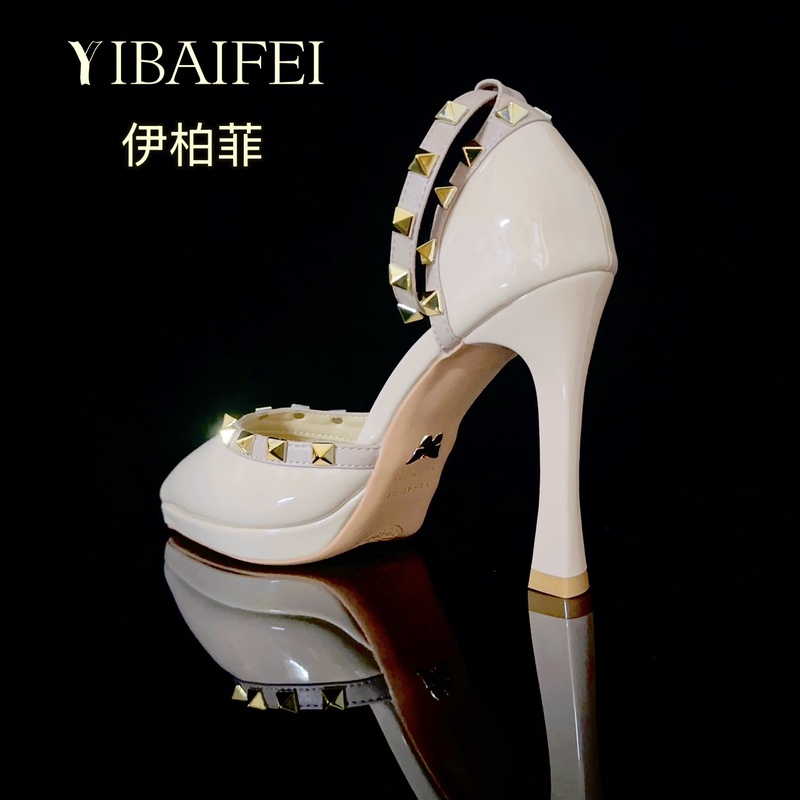 French Patent Leather Studded Stiletto Pointed Toe Single Strap Chunky Heel Platform Sandals Women's Hollow Toe High Heels