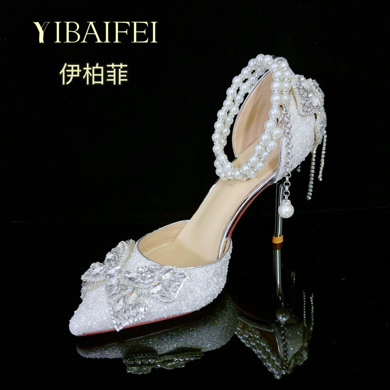 Bridal Wedding Dress and Traditional Dress Two-Way Wear Wedding Shoes Genuine Leather Fine Crystal High Heels Women's Pearl Chain Pointed Toe Bow Sandals Bridal Wedding Dress and Traditional Dress Two-Way Wear Wedding Shoes Genuine Leather Fine Crystal High Heels Women's Pearl Chain Pointed Toe Bow Sandals