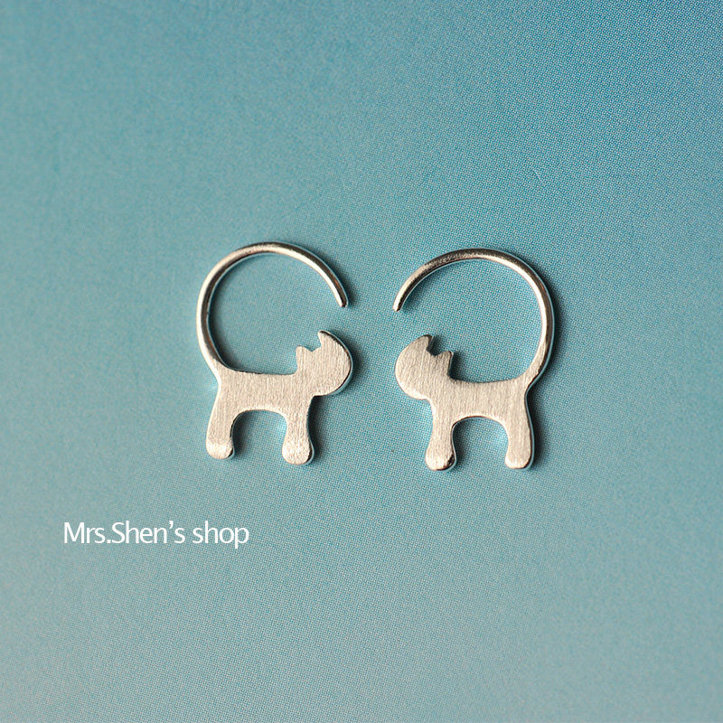 t Shen's wife S925 pure silver cute little cat ear hanging clear new wind wire drawing process earrings featured new product