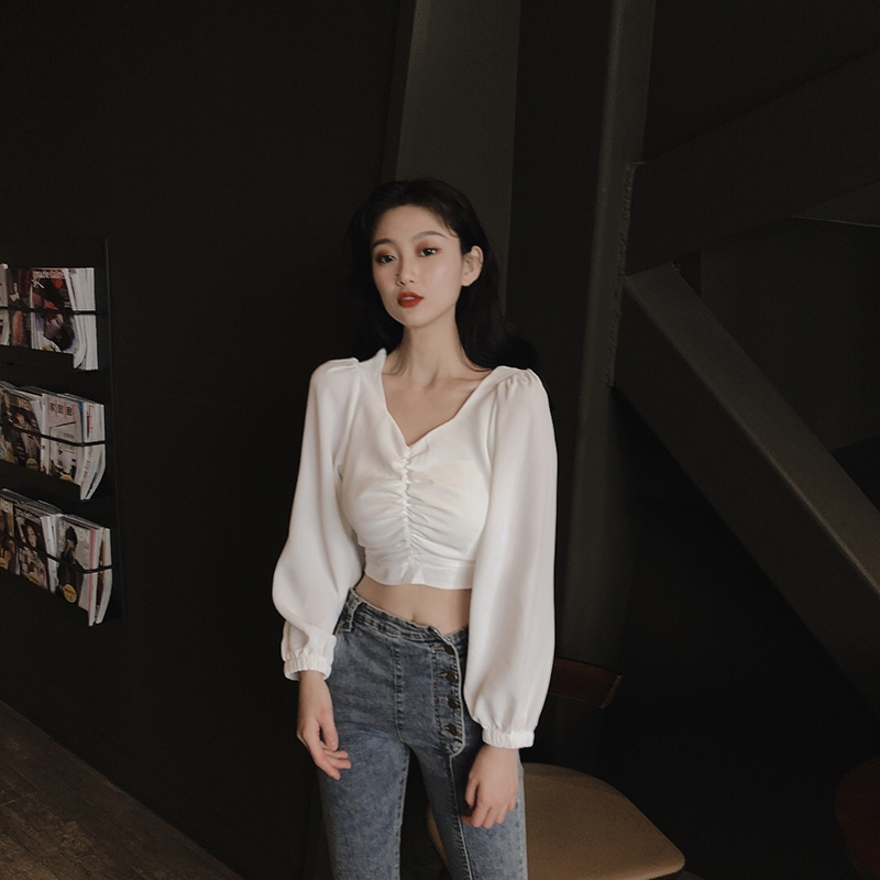 Lggstyle chic wind bubble sleeves ruffle V collar with long sleeves women's shirt 20201 spring summer short blouses