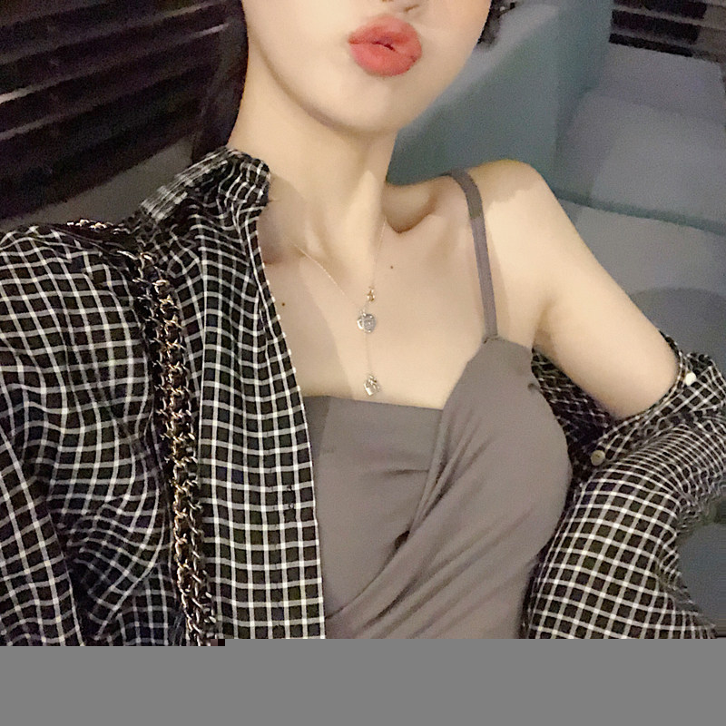 LGGSTYLE chic style sexy cross straps strapless women drawstring shorts loose plaid shirt women