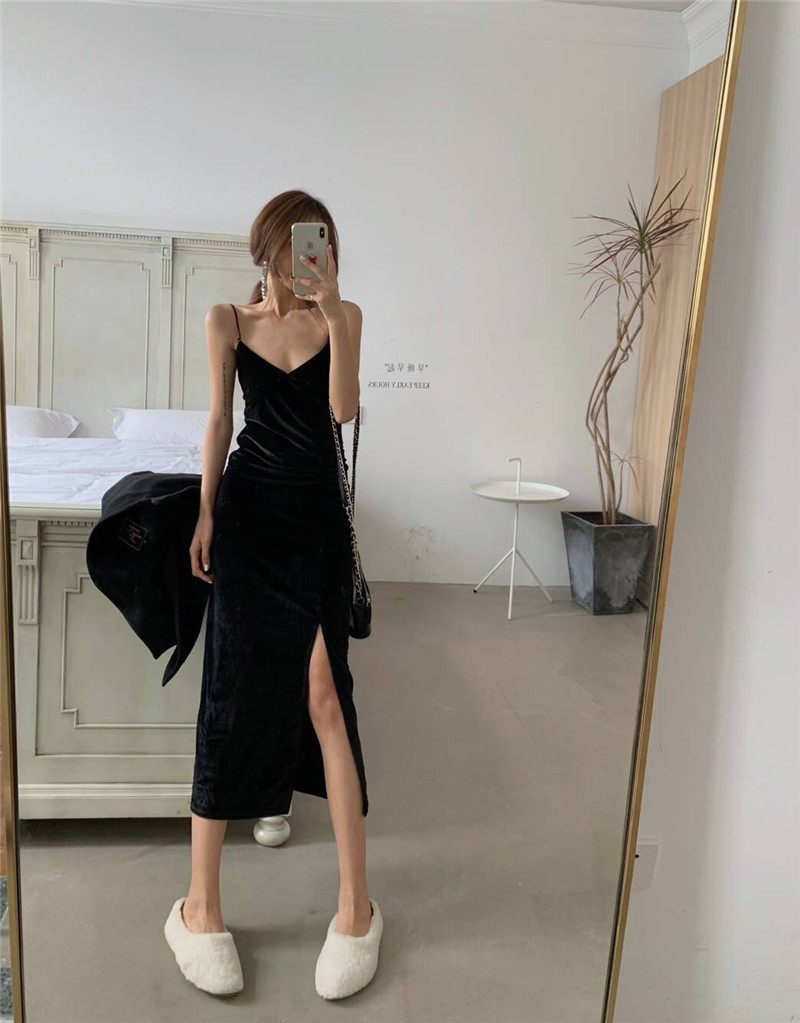 Lggstyle chic wind sexy V neckline with slim velvety velvety women's spring autumn new harness slats bottom skirt