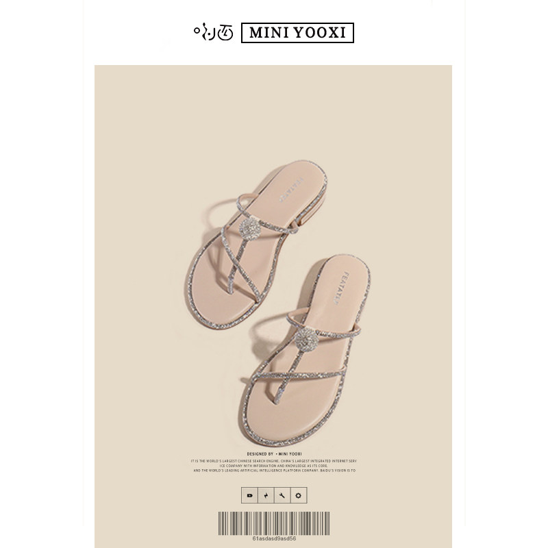 2022 summer new fairy style sandals women's flat bottom with thong Roman rhinestone beach sandals and slippers shoes for outer wear