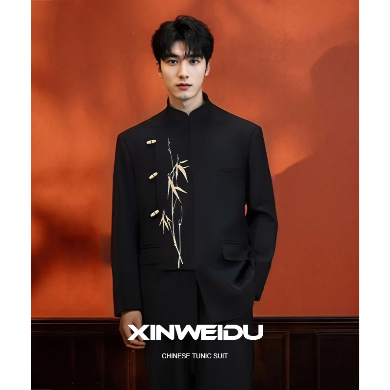 新次元新型中国風中山スーツ金竹刺繍スタンドカラースーツメンズハイエンドゆったりスーツセットトレンド