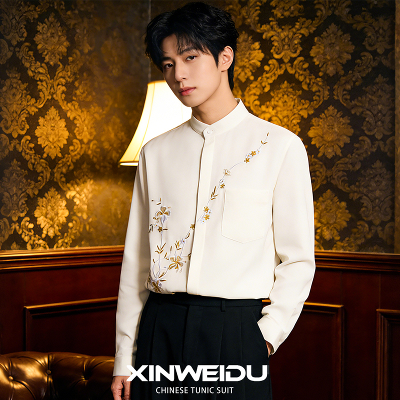 New Dimension Spring/Summer New Chinese Style Orchid Embroidery Stand Collar Shirt for Men, Long Sleeve, Cool and Versatile White Chinese Style Shirt