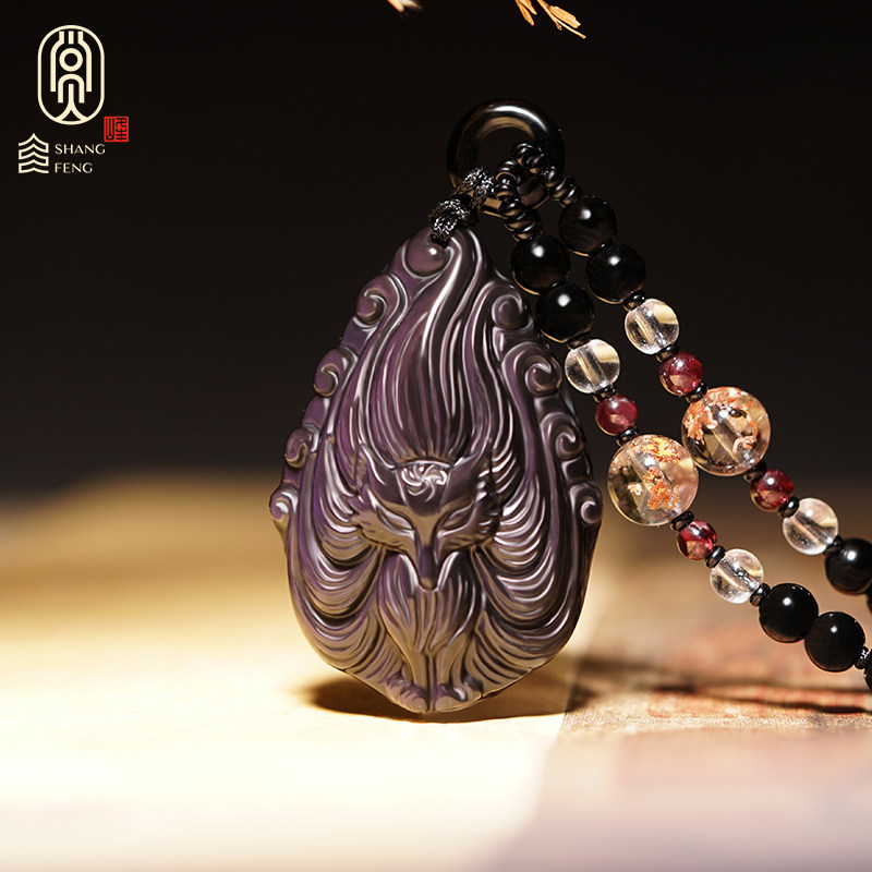 Obsidian little fox pendant men's and women's rainbow eye black Yaoshi fox crystal necklace jade hanging jewelry pendant