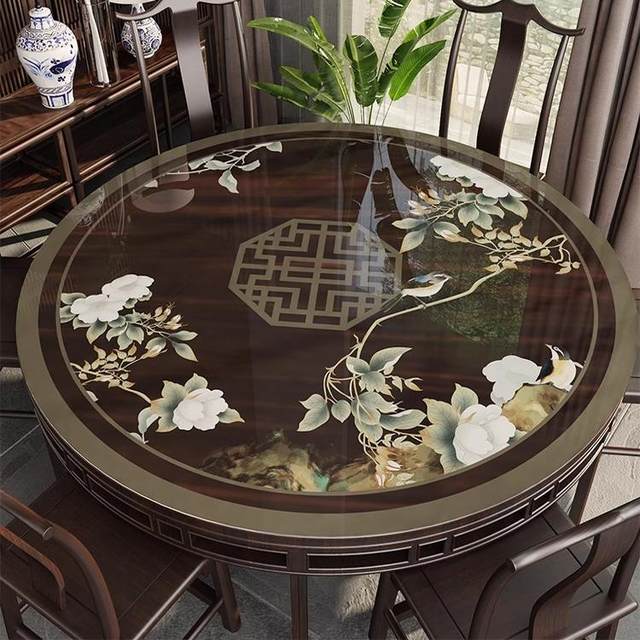 Chinese round table mat double-layer round table cloth hollow soft glass solid wood home hotel round dining table mat protective mat