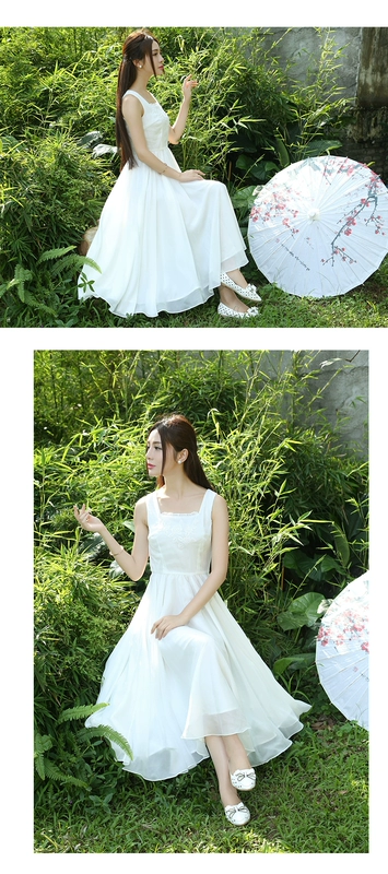 Mùa hè 2019 mới văn học retro phụ nữ thêu với một chiếc áo vest không tay váy trắng hoang dã - Sản phẩm HOT mua váy đẹp