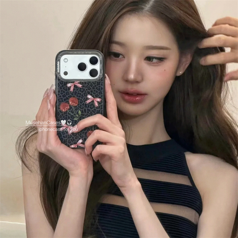 Korean Style ins Zhang Yuanying Same Style Leopard Print Cherry Suitable for iPhone 16/17 Pro Max Phone Case iPhone 15 Acrylic Transparent Case 14Pro/13Pro Couple Soft Case
