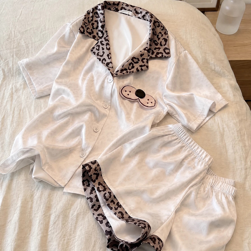 Ice Silk Pajamas for Women, Summer 2026 New Leopard Print Short-Sleeved Thin Satin High-End Large Size Loungewear Set