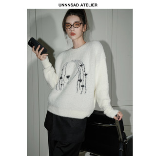 UNNNSAD 手绘爱心小狗软糯绒感慵懒休闲宽松圆领套头针织毛衣