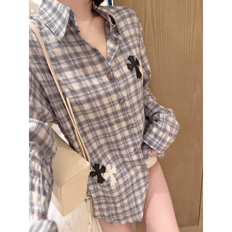Cross Patchwork Plaid Sun Protection Shirt Jacket for Women, Thin, Loose, Slimming, American Retro Casual Long-Sleeved Shirt