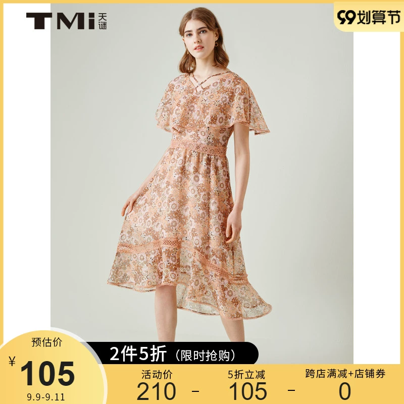 TMi Tian Mi dành cho phụ nữ mùa hè Sản phẩm mới cổ chữ V Kiểu dáng quý cô in Váy voan dài giữa 192062 - Sản phẩm HOT