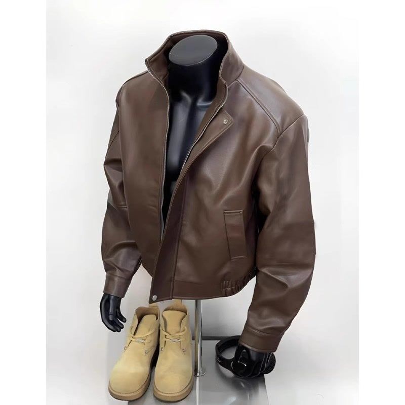 American Retro Brown Leather Jacket for Men, Autumn and Winter Melard Style, Pu Leather Jacket, Cool Biker Jacket, Trendy American Retro Brown Leather Jacket for Men, Autumn and Winter Melard Style, Pu Leather Jacket, Cool Biker Jacket, Trendy