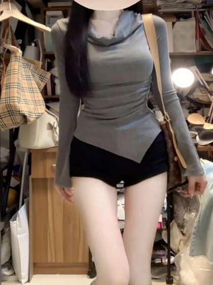 一字肩喇叭袖长袖女春秋甜辣风辣妹修身打底衫不规则掐腰显瘦上衣