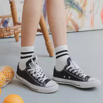 4 pairs of socks, women's mid-range socks, spring and summer ins, Japanese cute Joker stripes, Korean academic style, white medium-length socks