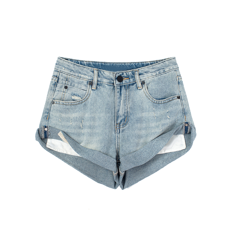 JIN thiết kế tự chế cảm giác lật rộng chân quần short denim phụ nữ 19 mùa xuân / hè 100 hiển thị nền tảng mỏng giản dị quần nóng