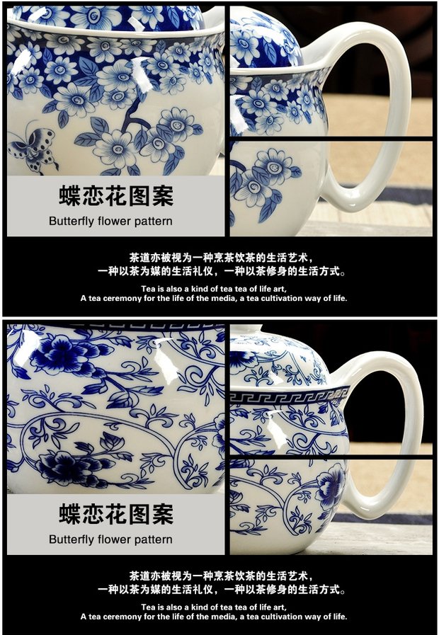 Ấm trà lớn bằng gốm Bình lớn Bộ ấm trà Kung Fu Jingdezhen Pinhao Cup Hill Nước màu xanh và trắng Xương sứ - Trà sứ bộ ấm trà decopro