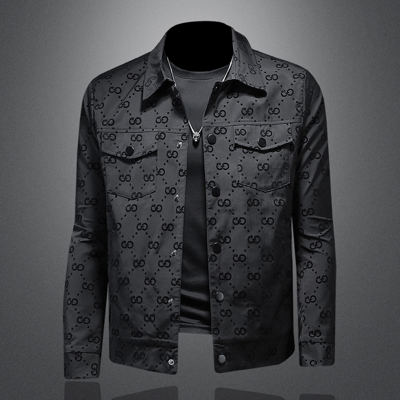2026 Spring New Printed Jacket for Men, Large Size, Turn-Down Collar, Slim Fit, Flocked, European Style, Stylish Trendy Brand