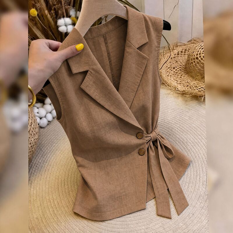 Summer New High-End Old Money Style Sleeveless Casual Vest for Women, Brown Lace-Up Waist-Cinching Elegant Simple Plus-Size Shirt Summer New High-End Old Money Style Sleeveless Casual Vest for Women, Brown Lace-Up Waist-Cinching Elegant Simple Plus-Size Shirt