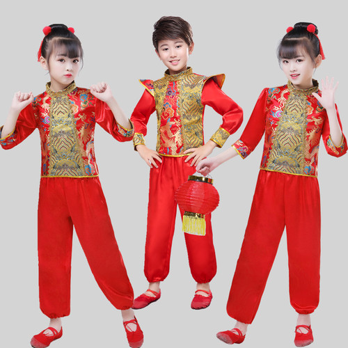 Children chinese dragon drum performance costumes chinese folk dance costumes for children new year Day