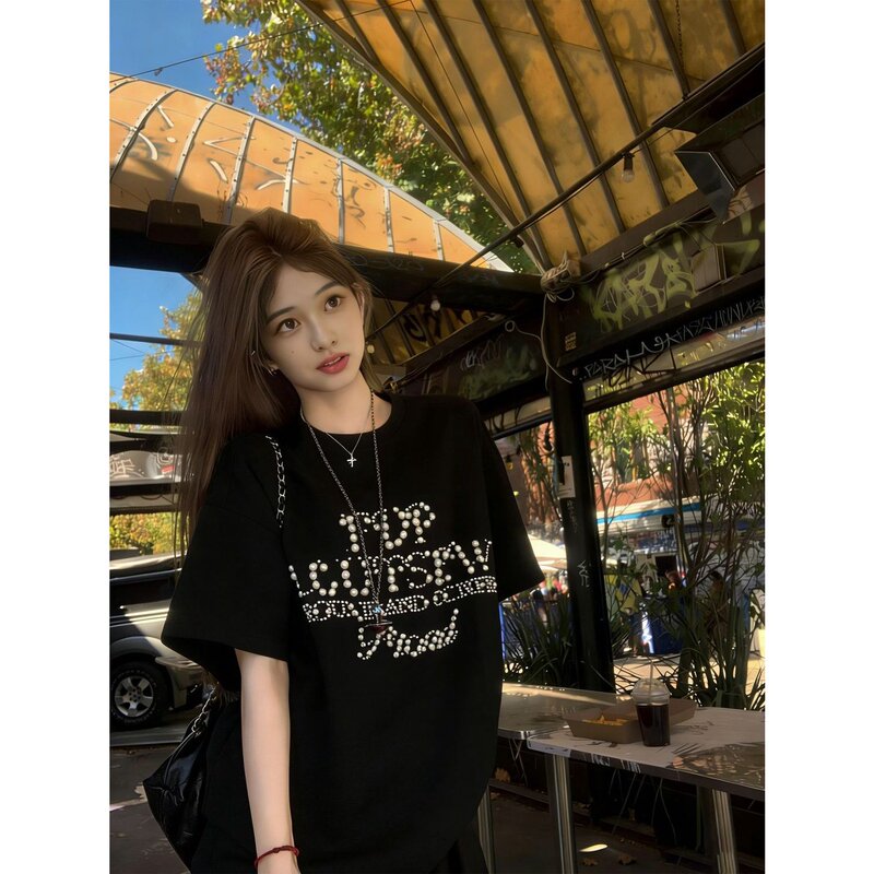 New Popular Letter Beading Design Niche Pure Cotton Short-Sleeved T-Shirt for Women, Summer Casual Loose Couple Top New Popular Letter Beading Design Niche Pure Cotton Short-Sleeved T-Shirt for Women, Summer Casual Loose Couple Top