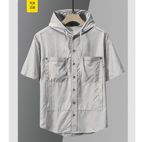 Short-Sleeved Shirt for Men, Korean Style, Trendy, Handsome, Slim-Fit, Hooded Men's White Shirt, Casual Hooded T-Shirt, Cardigan Sweatshirt