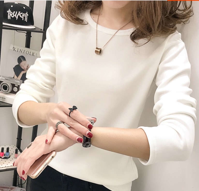Học sinh áo thun dài tay ấm áp quần áo phụ nữ dày cộng với nhung Áo lót nữ thân nhiệt mỏng bên trong áo sơ mi chạm đáy - Áo ấm áo thun nữ dài tay nữ đẹp