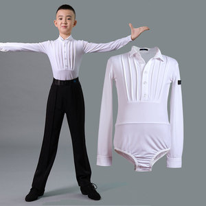 Boys latin dance shirt Boys Latin dance competition dress children boys big boys standing collar Long Sleeve White national standard modern top