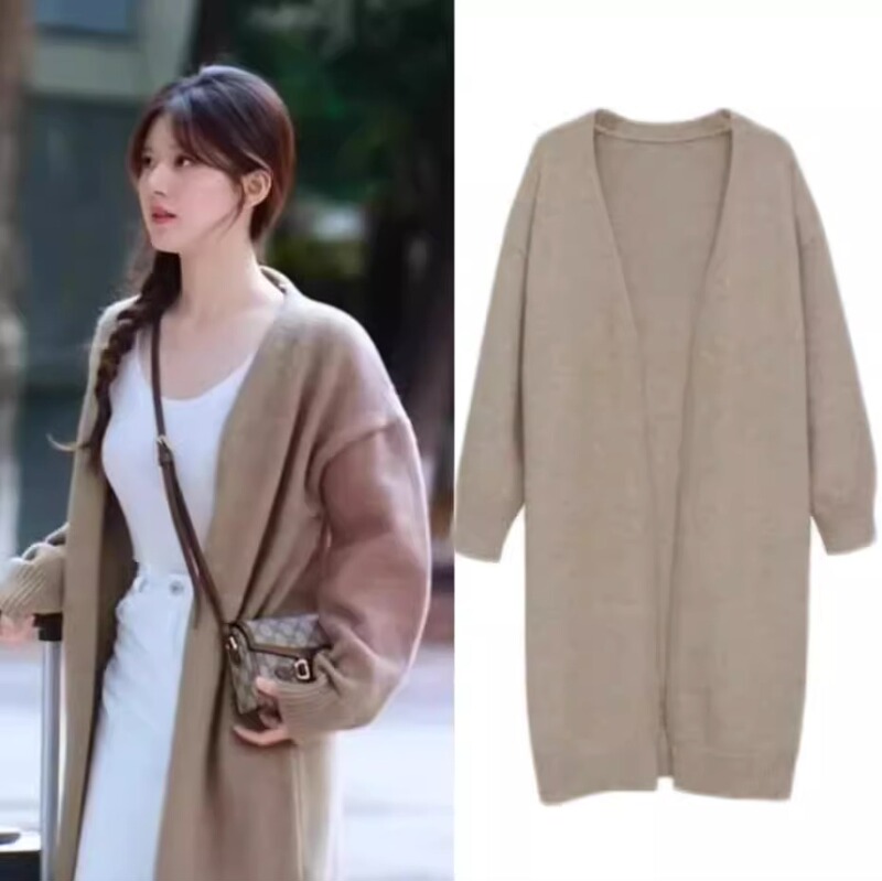Can'T Hide My Excitement: Zhao Lusi's Same Style Autumn and Winter Camel-Colored Mid-Length Lazy-Style Knitted Cardigan with a V-Neck Sweater