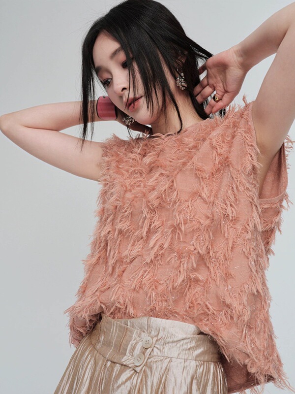 Round Neck Sleeveless Knit Top for Women, Summer Pink, Niche Design, Thin Tassel Short-Sleeve Tencel T-Shirt Top