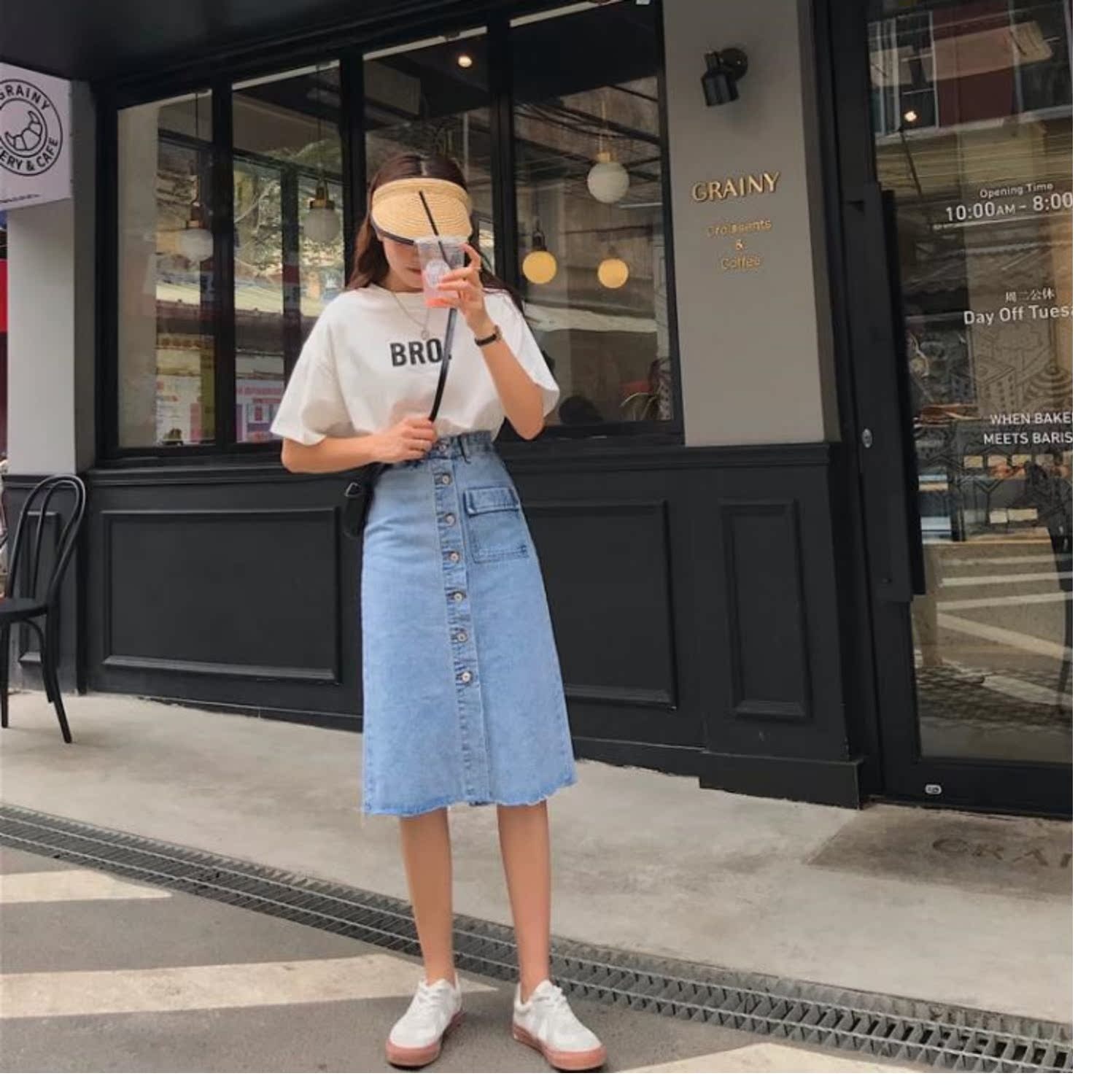 Váy denim nửa dài mùa hè 2019 mới váy đơn ngực nữ dài phần một chữ váy eo cao nữ qua đầu gối - Váy chân váy đẹp hàn quốc