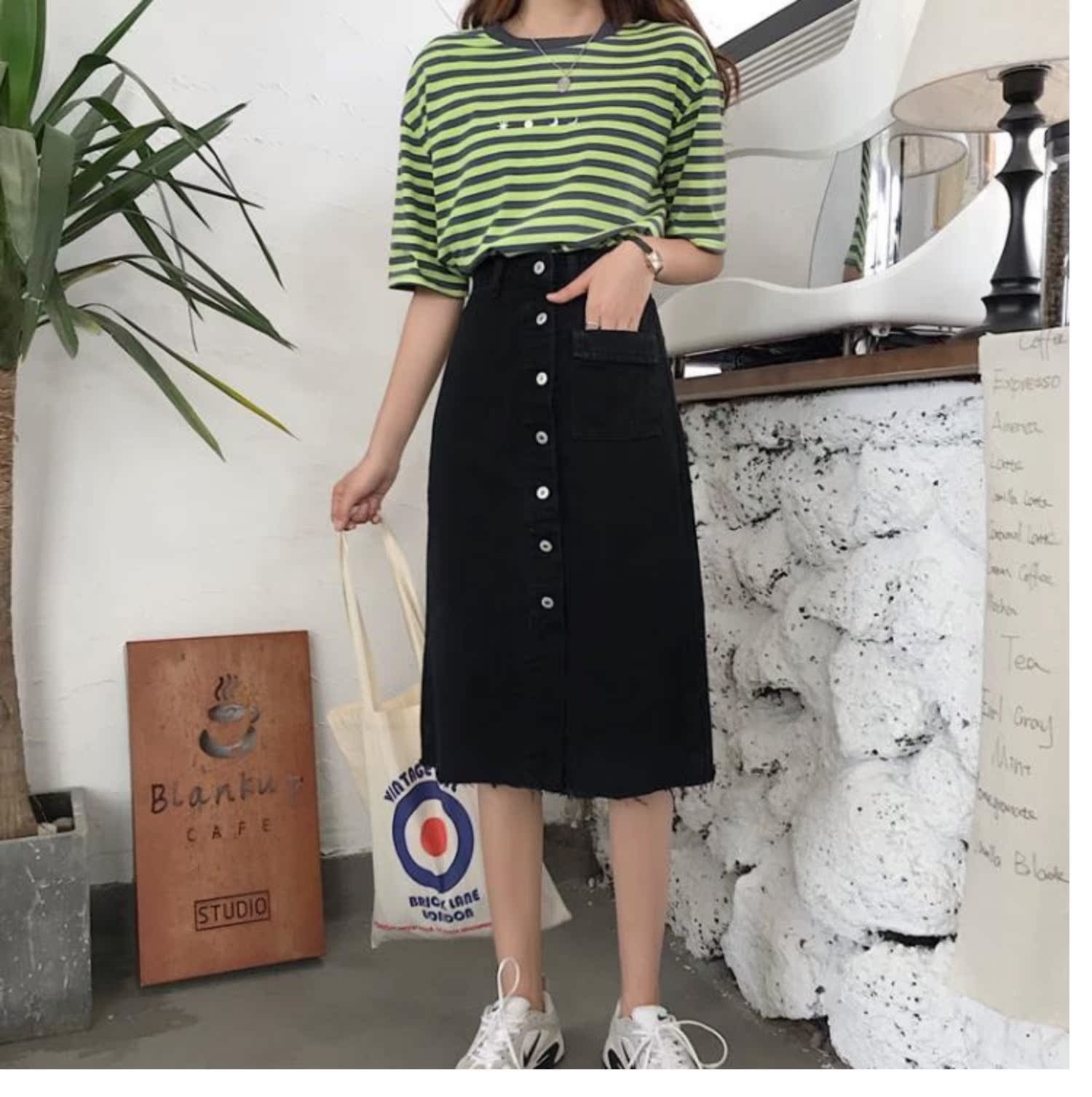Váy denim nửa dài mùa hè 2019 mới váy đơn ngực nữ dài phần một chữ váy eo cao nữ qua đầu gối - Váy chân váy đẹp hàn quốc