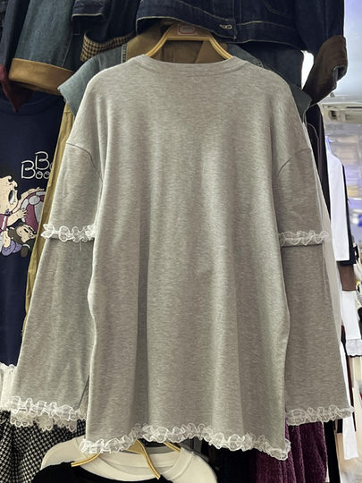 设计感蕾丝花边加绒长袖卫衣女秋冬新款宽松打底T恤衫中长款上衣