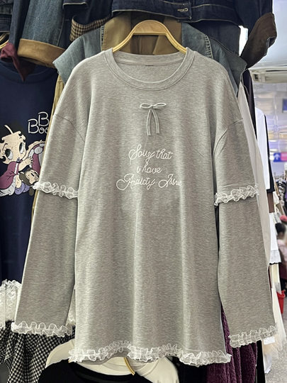 设计感蕾丝花边加绒长袖卫衣女秋冬新款宽松打底T恤衫中长款上衣