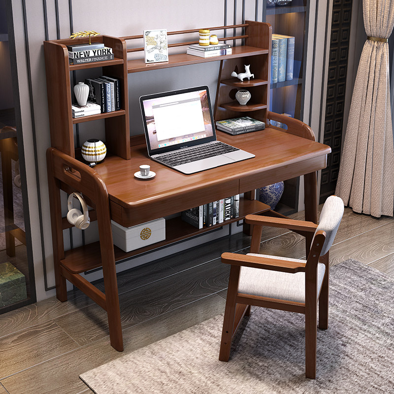 Solid Wood Desk Bookshelf Combination Integrated Simple Computer Desk Home Bedroom Student Desk Children Study Table