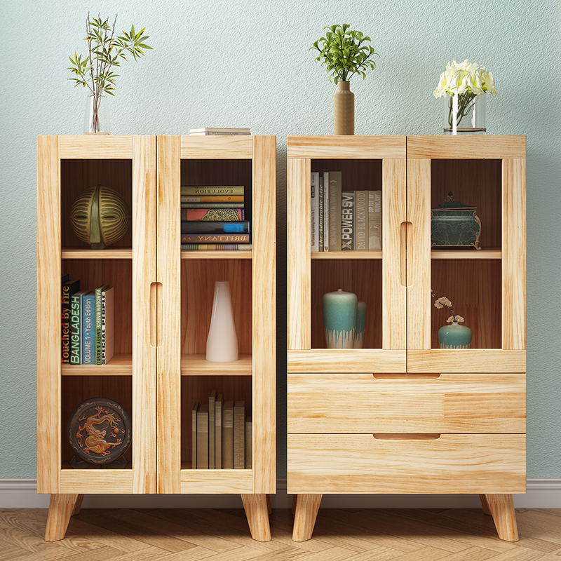 Solid wood bookcase with glass cabinet door Children's bookshelf shelves Landing Log Book Cabinet Containing Cabinet Living Room Dining Cabinet