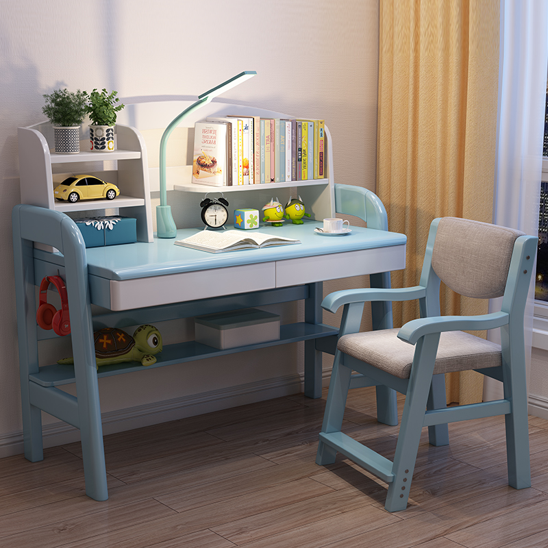 Full solid wood desk with bookcase group for home bedroom children study table and chairs for primary and middle school students