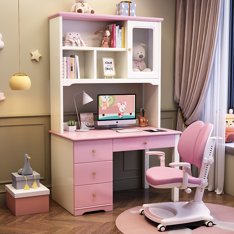 Children's Solid Wood Desk Bookshelf Computer Learning Desk for Bedroom Students Writing Table Girls