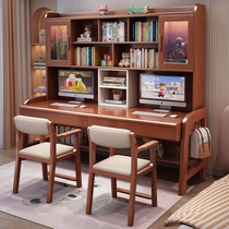 Solid wood double desk bookshelf integrated computer desk office desk home living room side by side study writing desk and chair combination