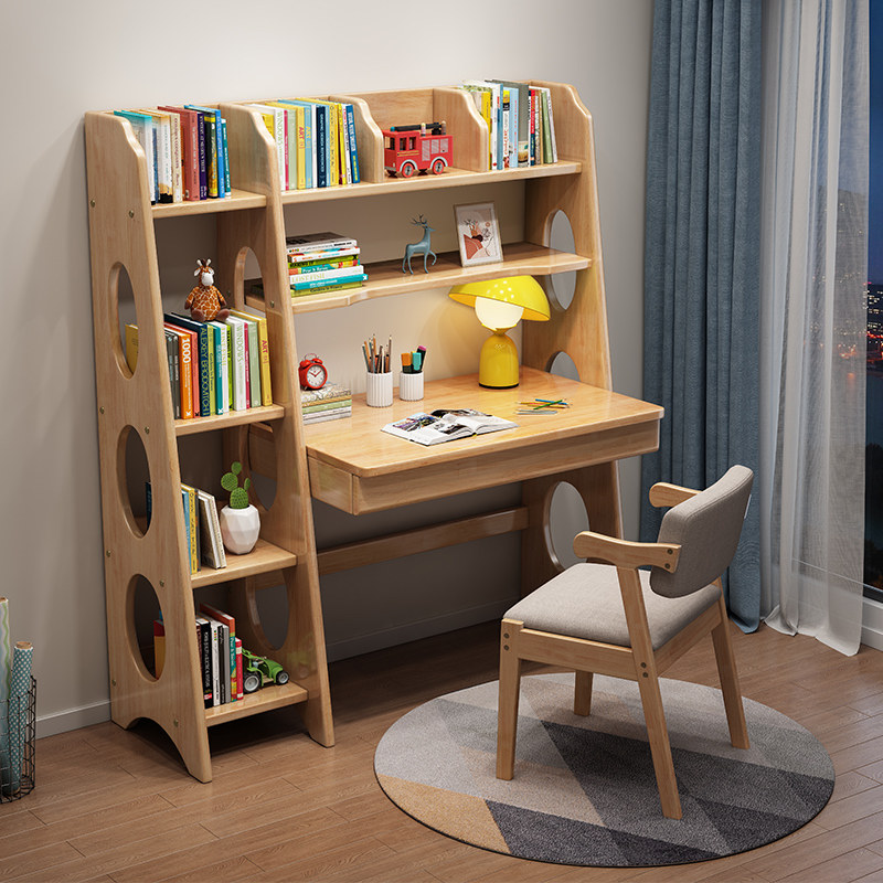 Children Learning Table Chairs Solid Wood Desk Bookshelves Combination Integrated Home Bedroom Children Room Student Desk Sub