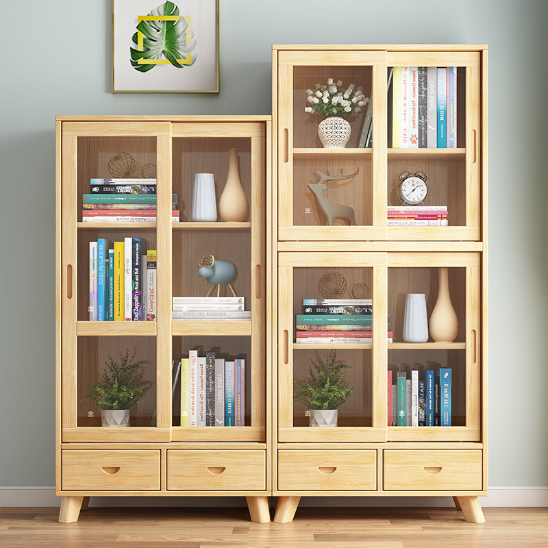 Solid wood bookcase with glass cabinet door living-room display cabinet shelve for home bedroom children's storage cabinet student bookcase