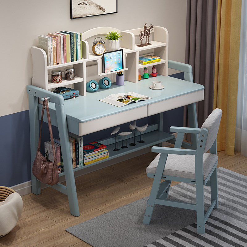 Full solid wood desk with bookshelves minimalist home primary and middle school students' desks children study table can lift