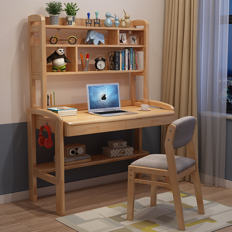 Solid Wood Desk Bookshelf Integrated Home Liftable Children Study Desk Middle School Students Junior High School Student Desk Computer Desk