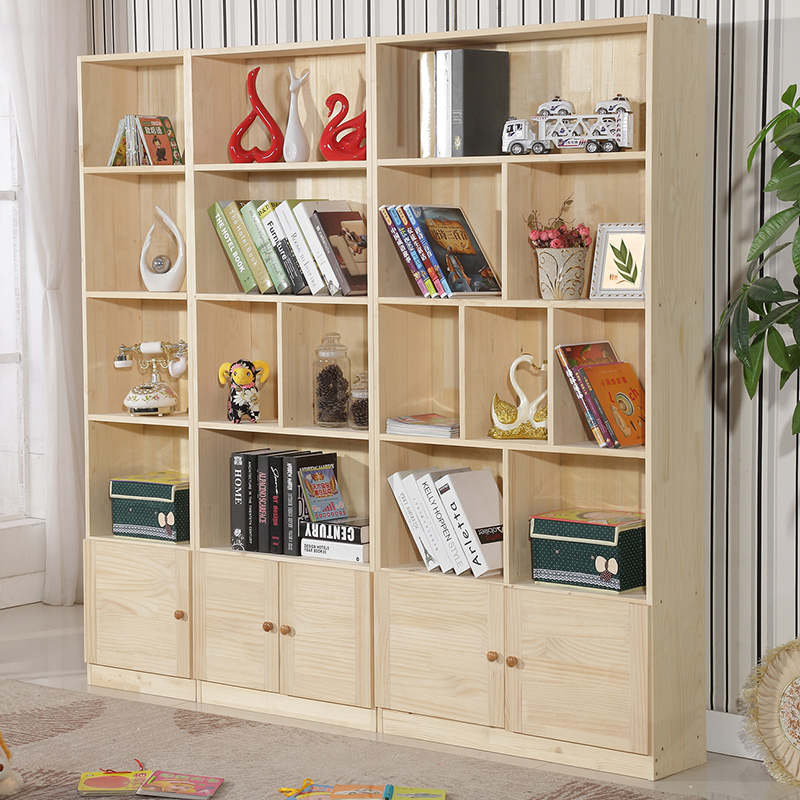 Solid wood student bookcase simple modern bookcase children's bookshelf free combination pine bookcase storage cabinet with cabinet